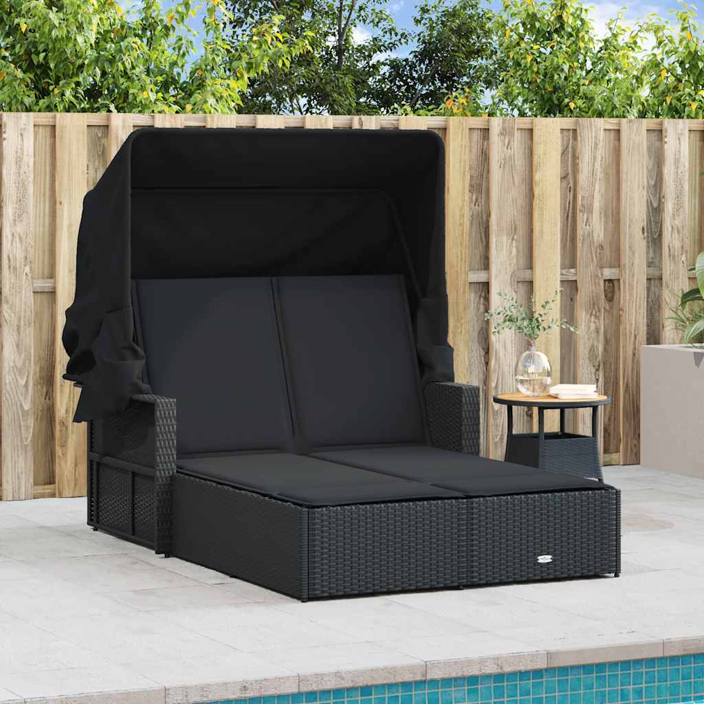 Double Sun Lounger with Canopy and Cushions Poly Rattan Black