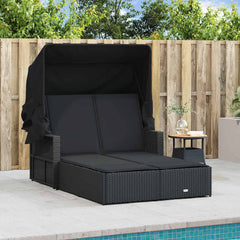 Double Sun Lounger with Canopy and Cushions Poly Rattan Black
