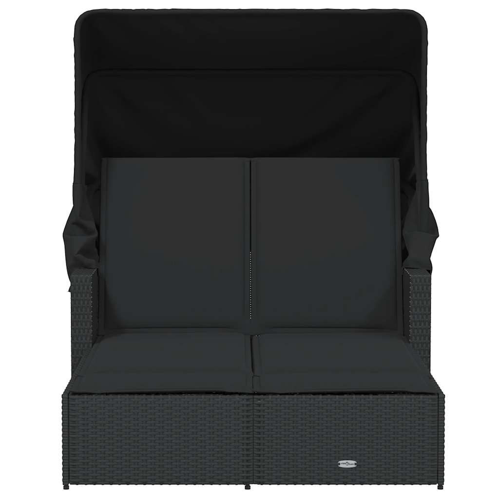 Double Sun Lounger with Canopy and Cushions Poly Rattan Black