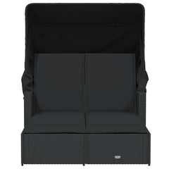 Double Sun Lounger with Canopy and Cushions Poly Rattan Black