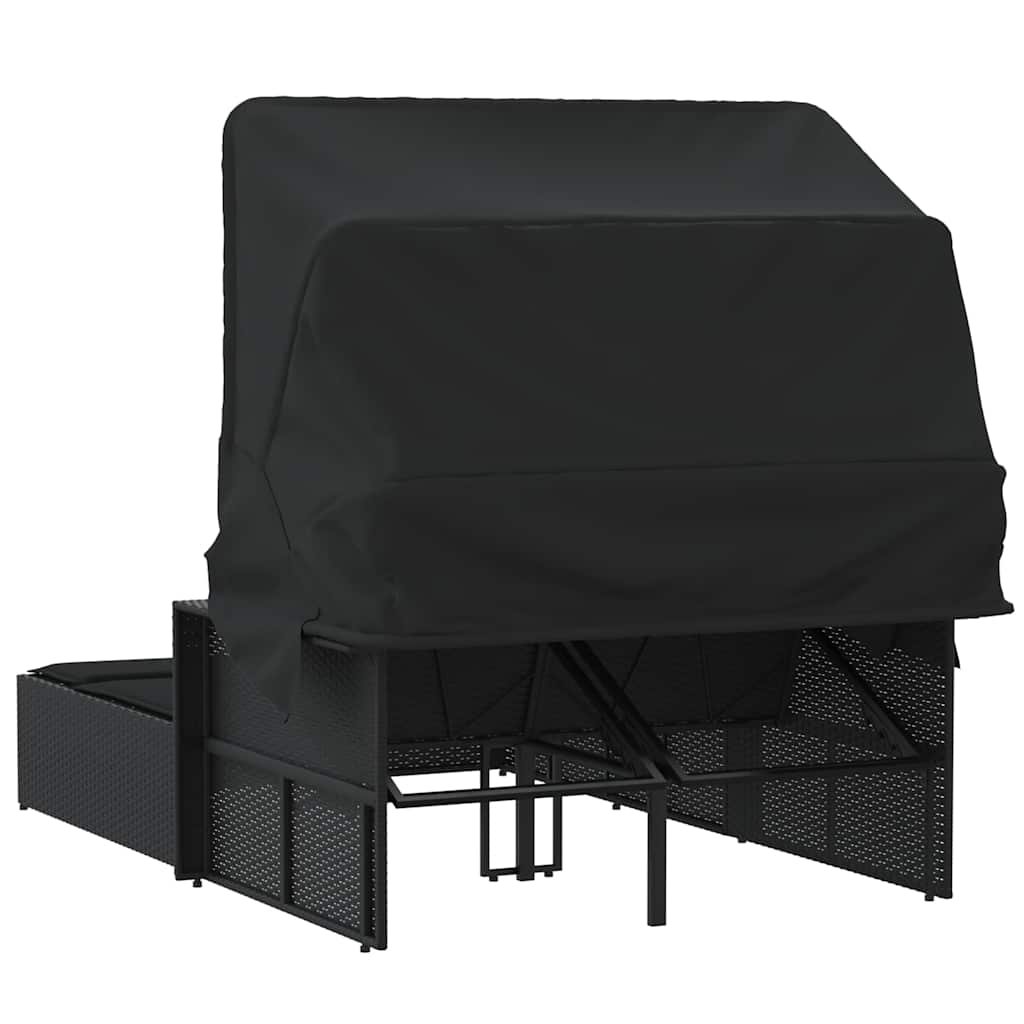 Double Sun Lounger with Canopy and Cushions Poly Rattan Black