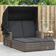 Double Sun Lounger with Canopy and Cushions Poly Rattan Grey