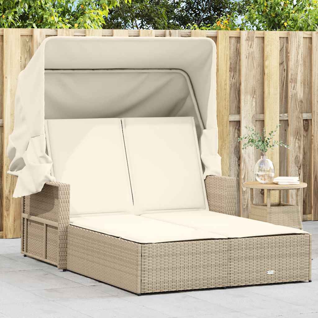 Double Sun Lounger with Canopy and Cushions Poly Rattan Beige