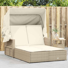 Double Sun Lounger with Canopy and Cushions Poly Rattan Beige
