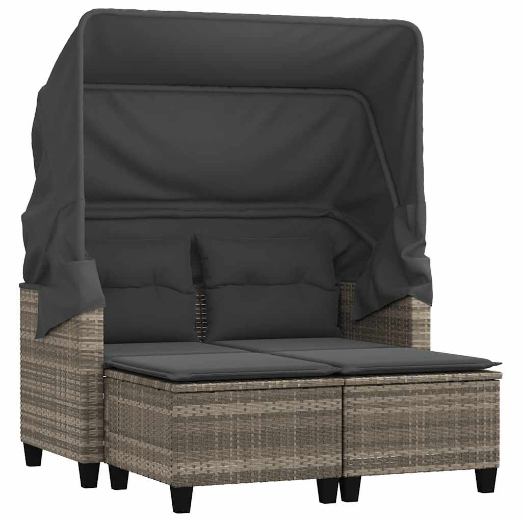 vidaXL Garden Sofa 2-Seater with Canopy and Stools Light Grey Poly Rattan 2