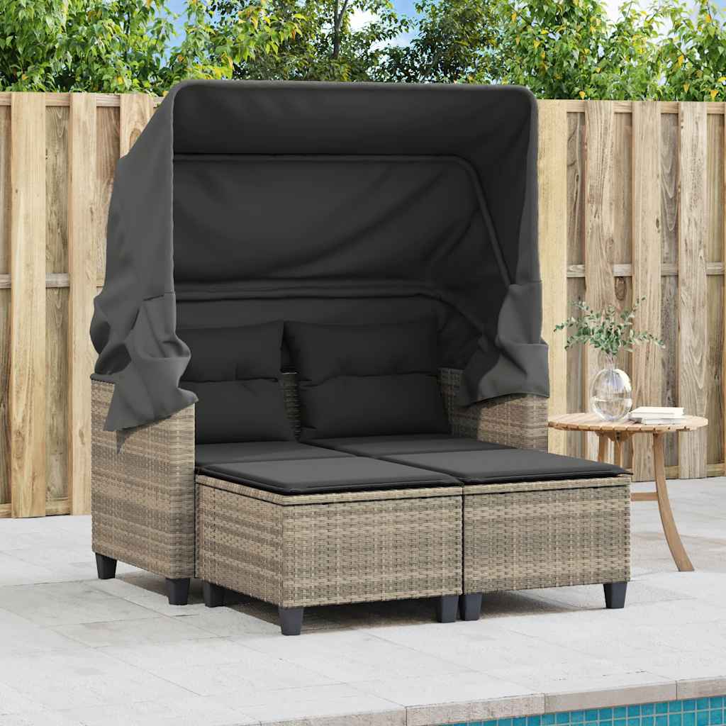 vidaXL Garden Sofa 2-Seater with Canopy and Stools Light Grey Poly Rattan 3