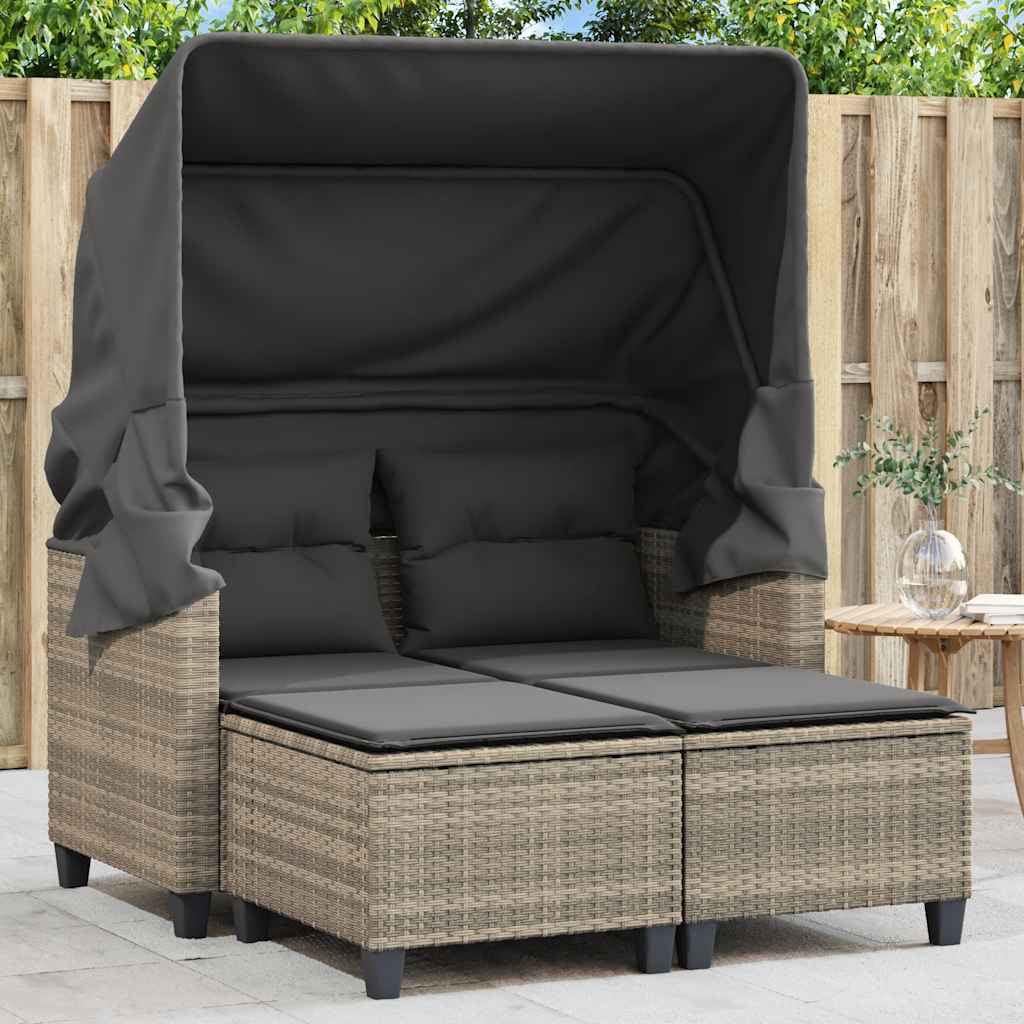 vidaXL Garden Sofa 2-Seater with Canopy and Stools Light Grey Poly Rattan 1