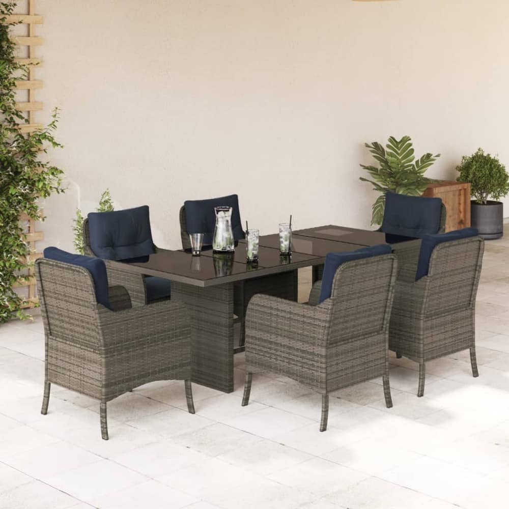 7 Piece Garden Dining Set with Cushions Grey Poly Rattan Glass 6