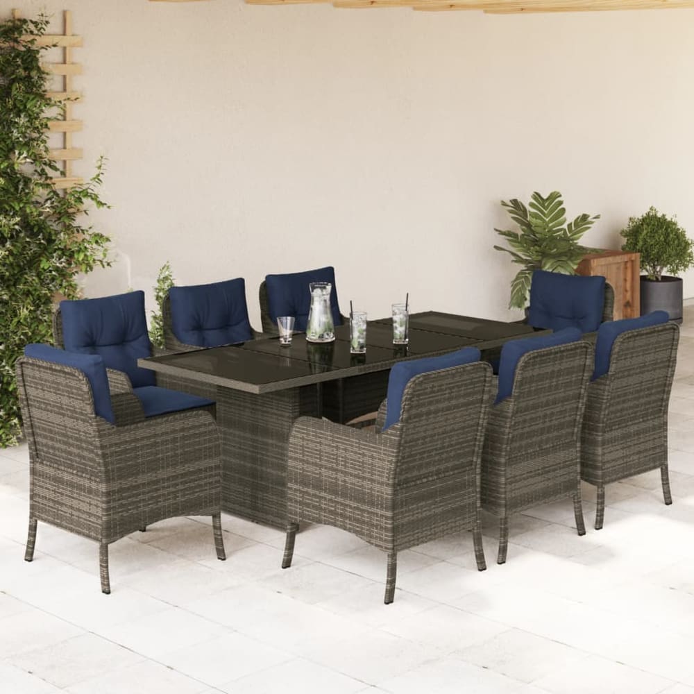 7 Piece Garden Dining Set with Cushions Grey Poly Rattan Glass 8