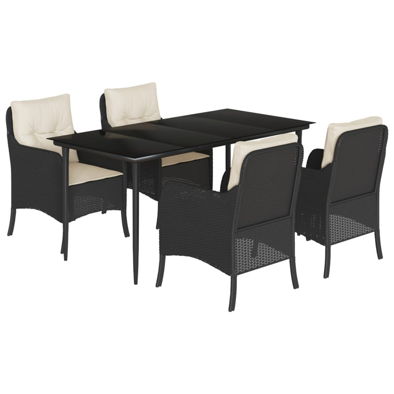 5 Piece Garden Dining Set with Cushions Black Poly Rattan