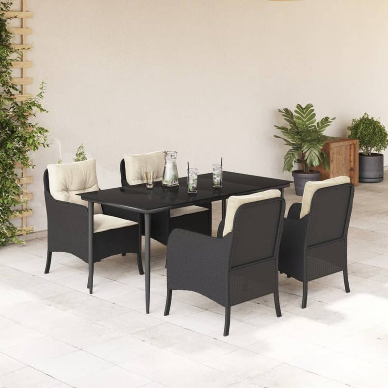 5 Piece Garden Dining Set with Cushions Black Poly Rattan