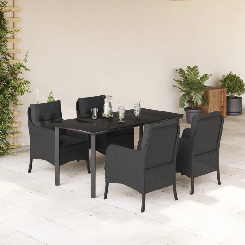 5 Piece Garden Dining Set with Cushions Black Poly Rattan