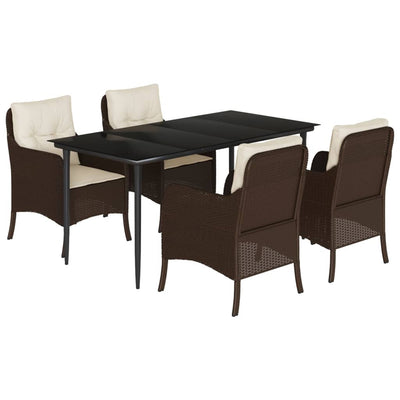 5 Piece Garden Dining Set with Cushions Brown Poly Rattan