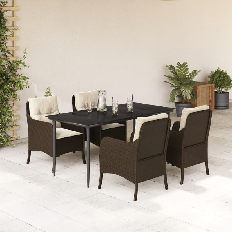 5 Piece Garden Dining Set with Cushions Brown Poly Rattan