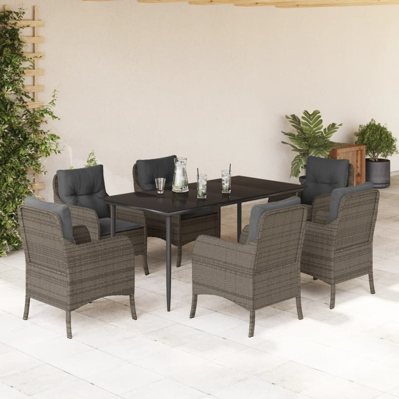 7 Piece Garden Dining Set with Cushions Grey Poly Rattan