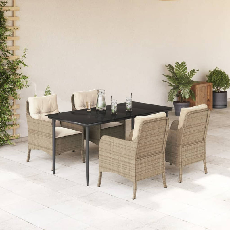 5 Piece Garden Dining Set with Cushions Beige Poly Rattan