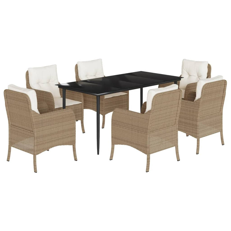 7 Piece Garden Dining Set with Cushions Beige Poly Rattan