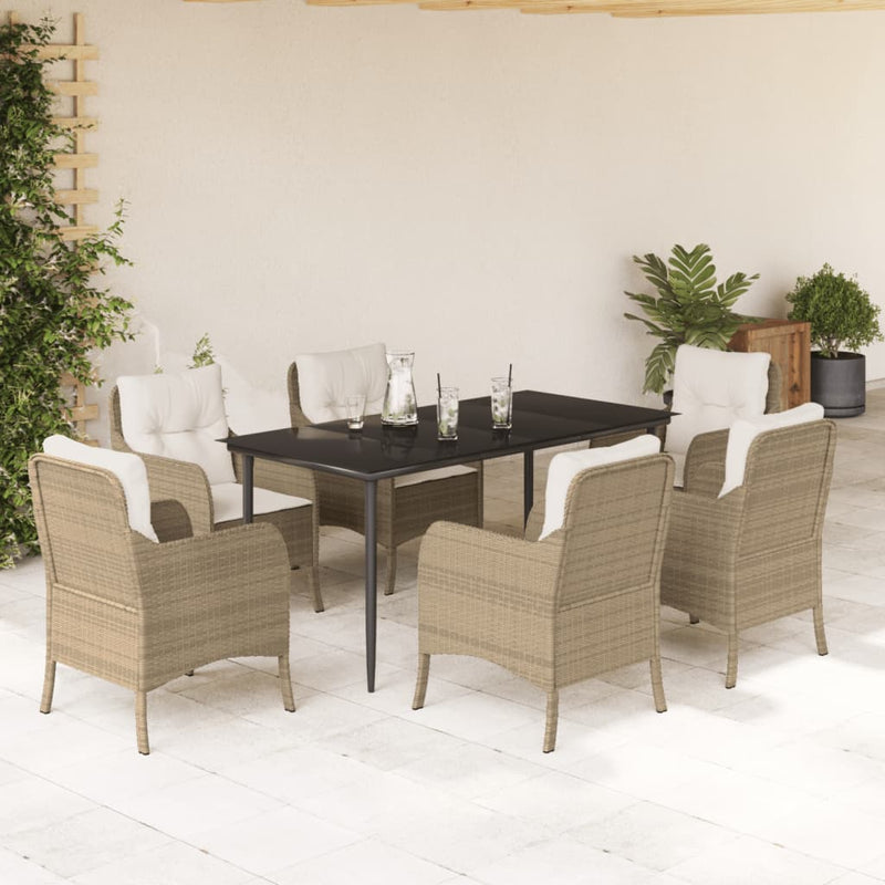 7 Piece Garden Dining Set with Cushions Beige Poly Rattan