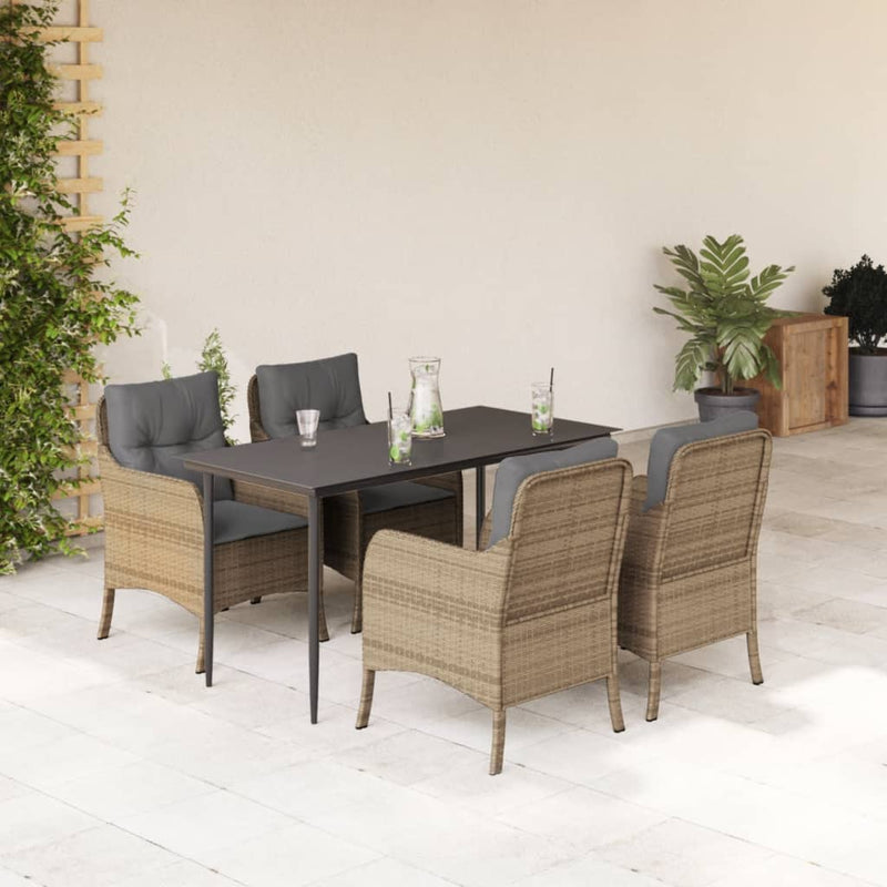 5 Piece Garden Dining Set with Cushions Beige Poly Rattan