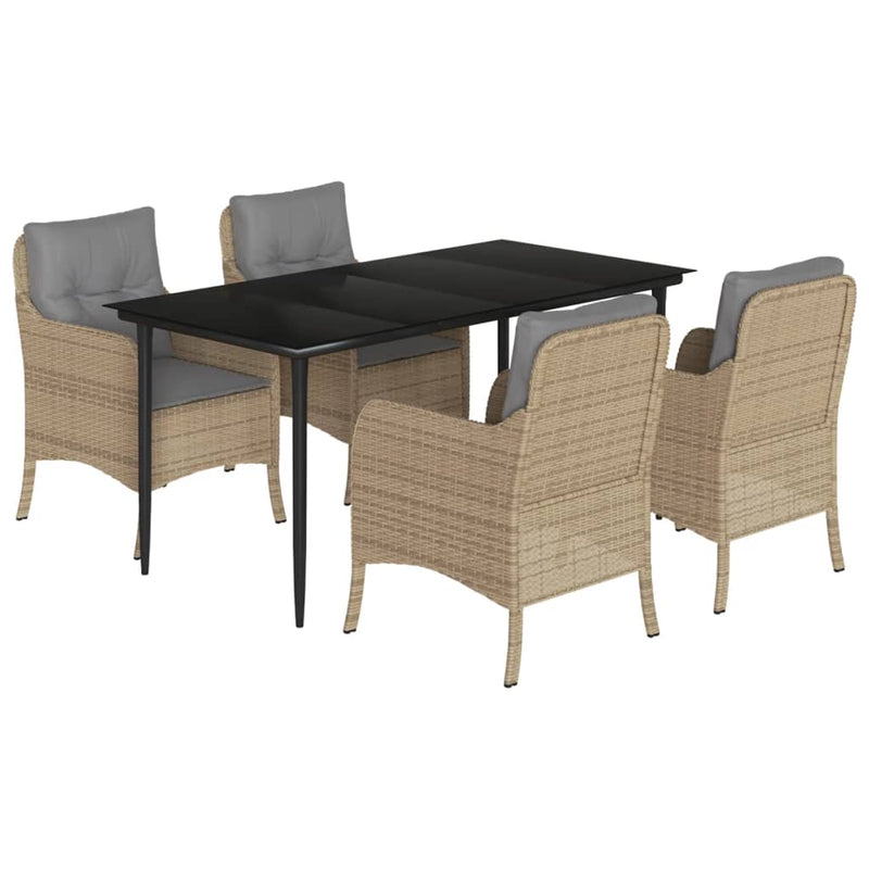 5 Piece Garden Dining Set with Cushions Beige Poly Rattan