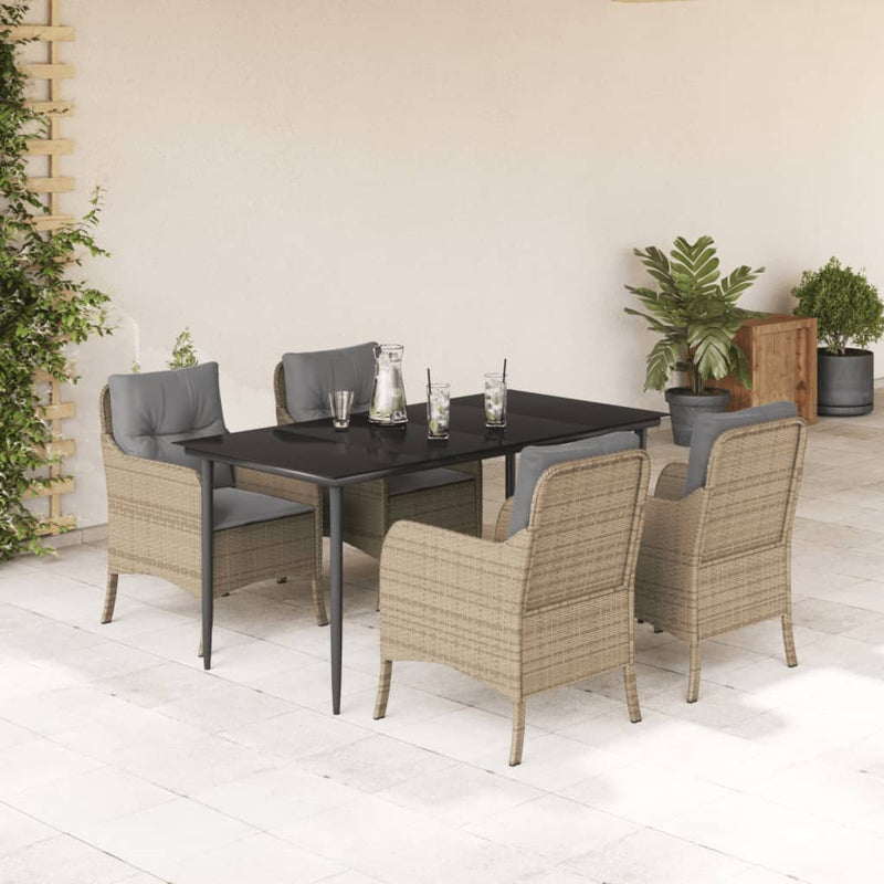 5 Piece Garden Dining Set with Cushions Beige Poly Rattan