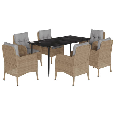 7 Piece Garden Dining Set with Cushions Beige Poly Rattan