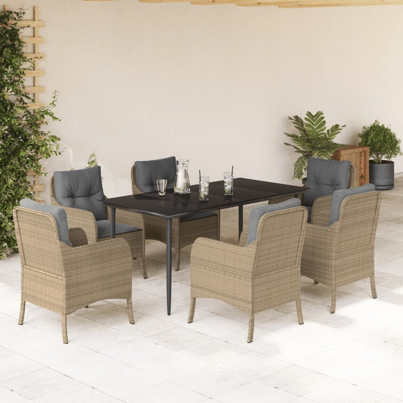 7 Piece Garden Dining Set with Cushions Beige Poly Rattan