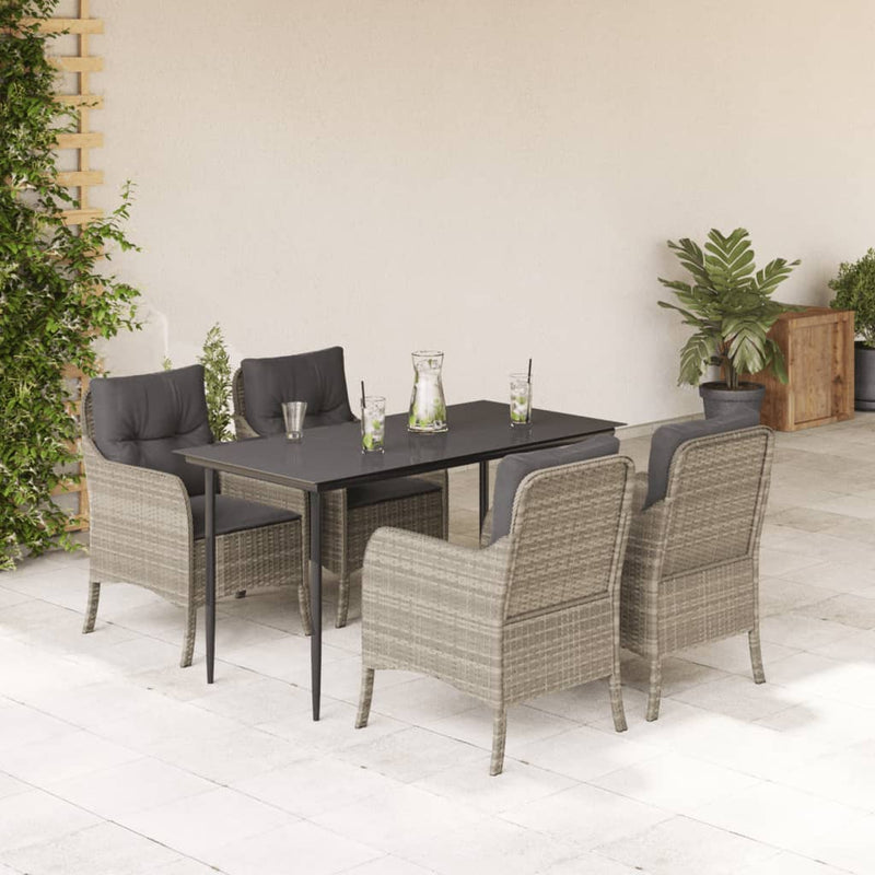 5 Piece Garden Dining Set with Cushions Light Grey Poly Rattan