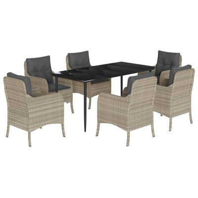 7 Piece Garden Dining Set with Cushions Light Grey Poly Rattan