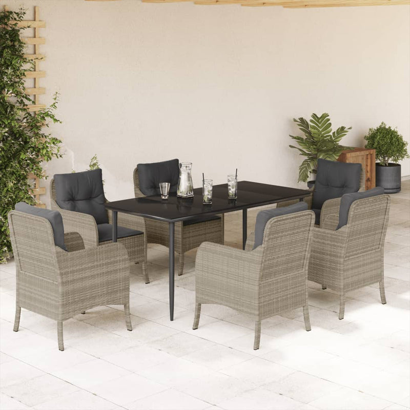 7 Piece Garden Dining Set with Cushions Light Grey Poly Rattan