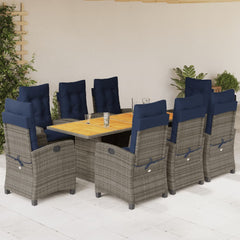 9 Piece Garden Dining Set with Cushions Grey Poly Rattan With footrest 8
