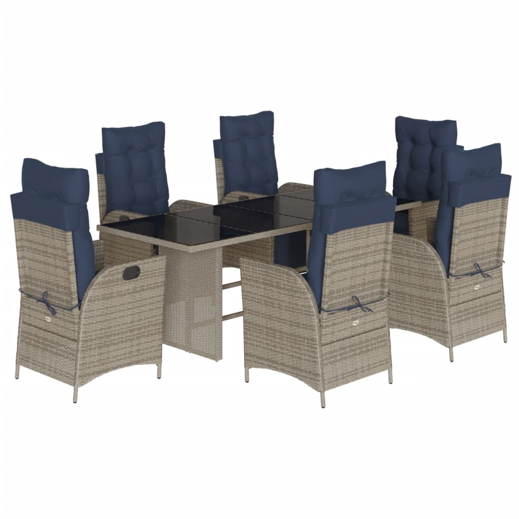 7 Piece Garden Dining Set with Cushions Grey Poly Rattan Glass 6