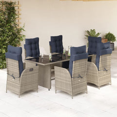7 Piece Garden Dining Set with Cushions Grey Poly Rattan Glass 6