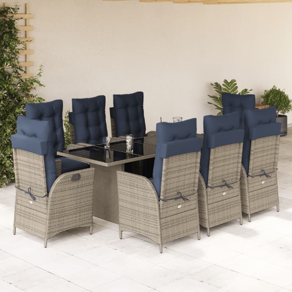 7 Piece Garden Dining Set with Cushions Grey Poly Rattan Glass 8