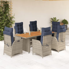 7 Piece Garden Dining Set with Cushions Grey Poly Rattan Wood 6