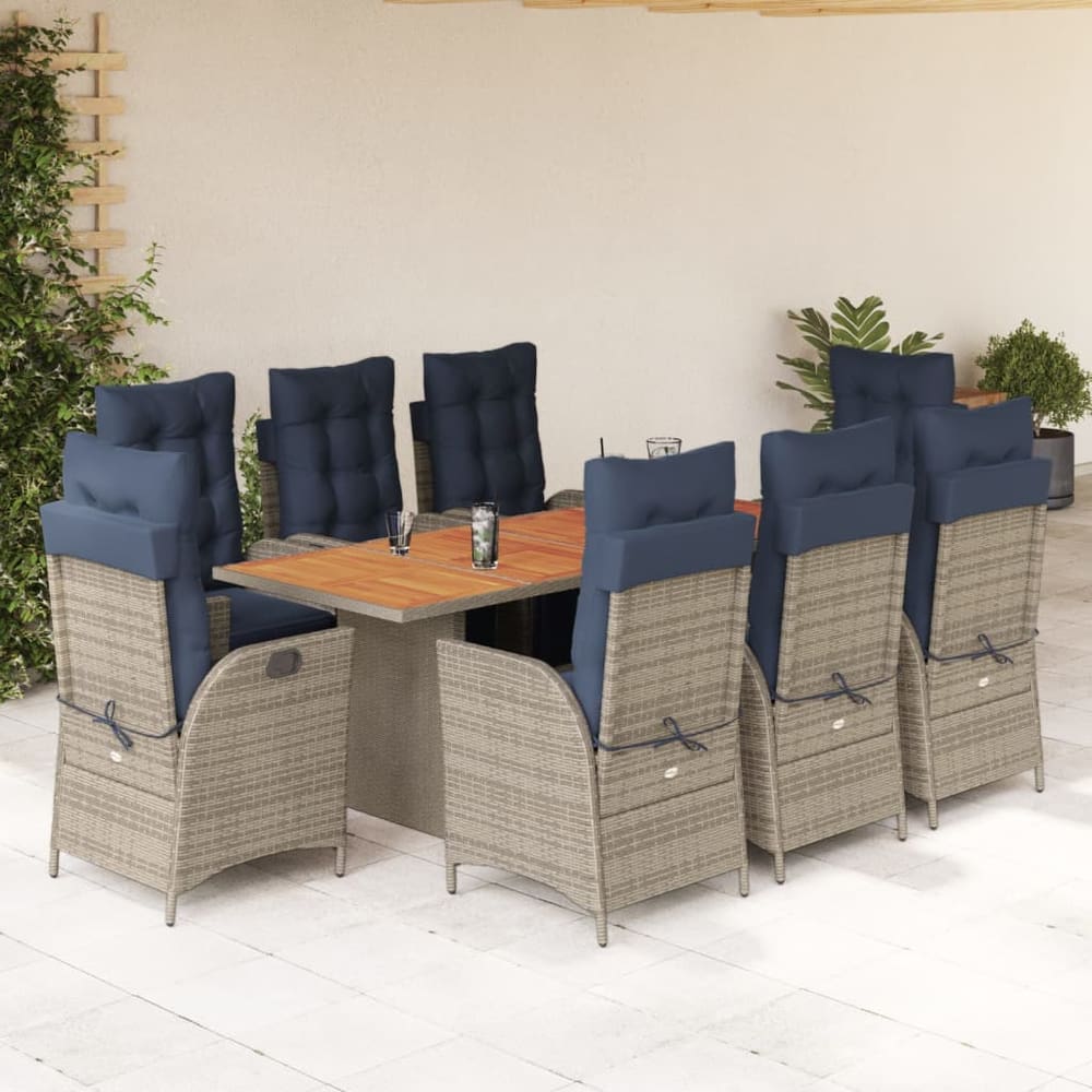 7 Piece Garden Dining Set with Cushions Grey Poly Rattan Wood 8