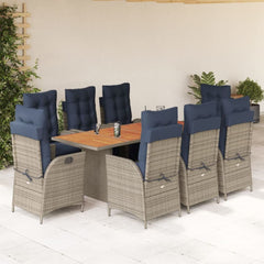 7 Piece Garden Dining Set with Cushions Grey Poly Rattan Wood 8