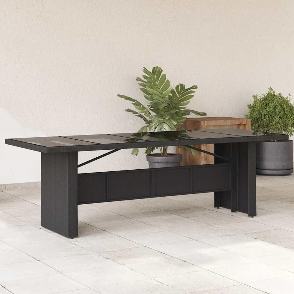 Garden Table with Top Poly Rattan Glass Black 240 x 90 x 75 cm