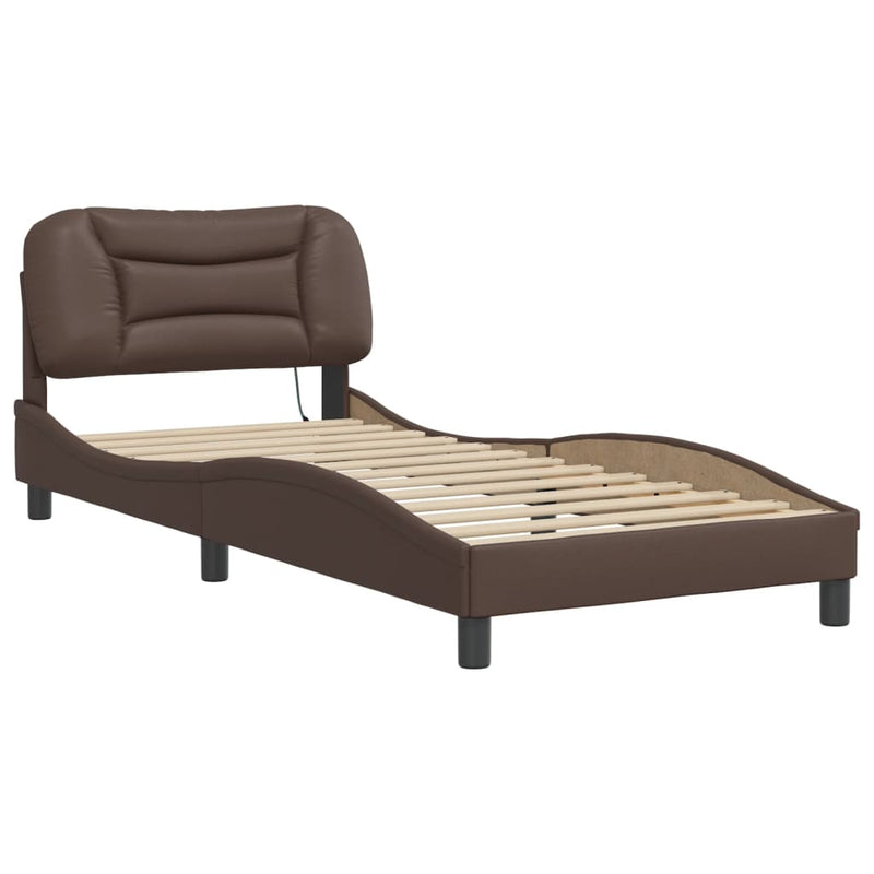 Bed Frame with LED Lights Brown 90x190 cm Single Faux Leather