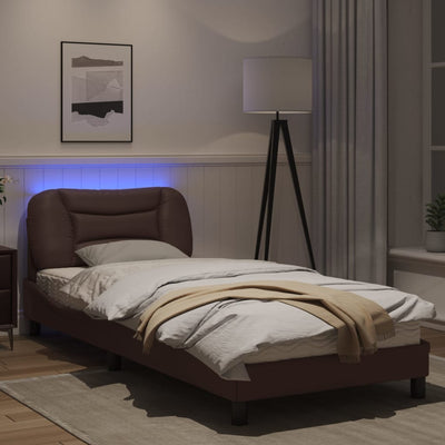 Bed Frame with LED Lights Brown 90x190 cm Single Faux Leather