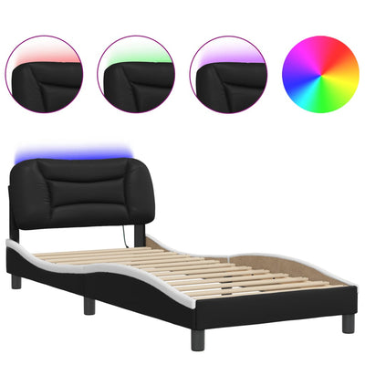 Bed Frame with LED Lights Black and White 90x200 cm Faux Leather