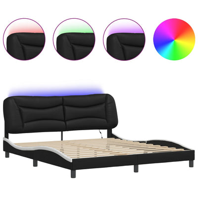 Bed Frame with LED Lights Black and White 180x200 cm Super King Faux Leather