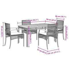5 Piece Garden Dining Set with Cushions Grey Poly Rattan 140 cm table length 4