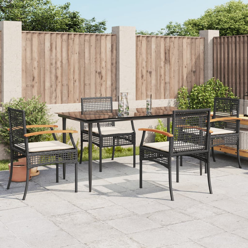 5 Piece Garden Dining Set with Cushions Black Poly Rattan