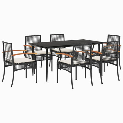 7 Piece Garden Dining Set with Cushions Black Poly Rattan