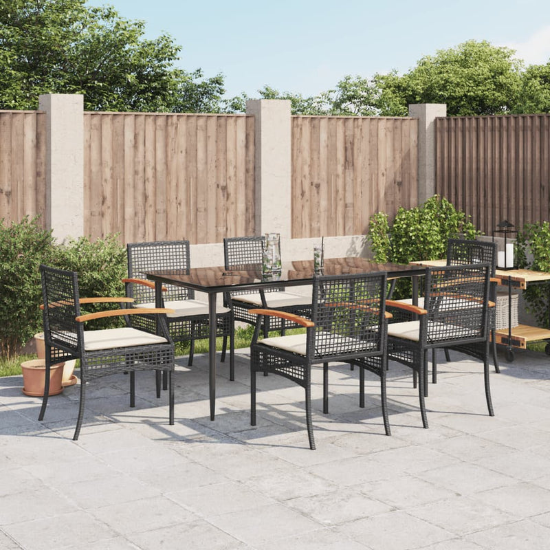 7 Piece Garden Dining Set with Cushions Black Poly Rattan