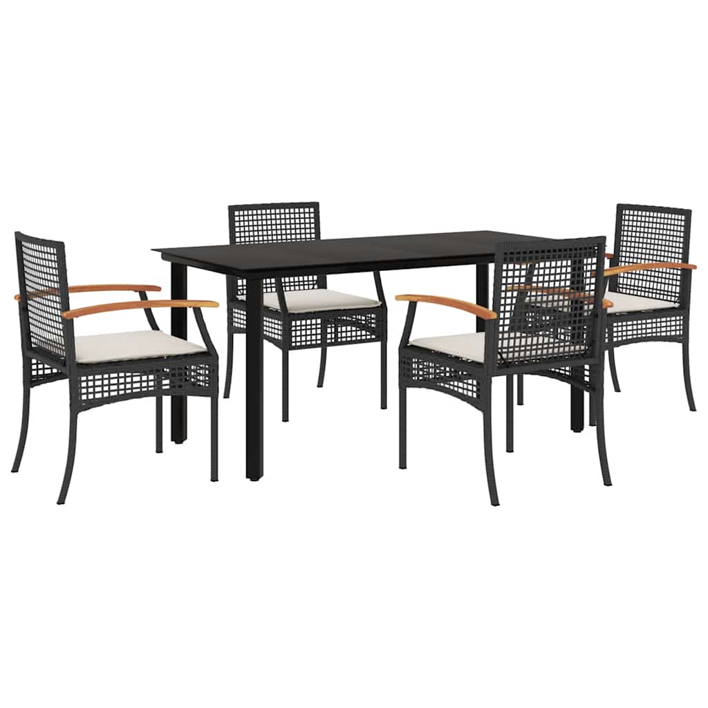 5 Piece Garden Dining Set with Cushions Poly Rattan Black 160 cm table length 4