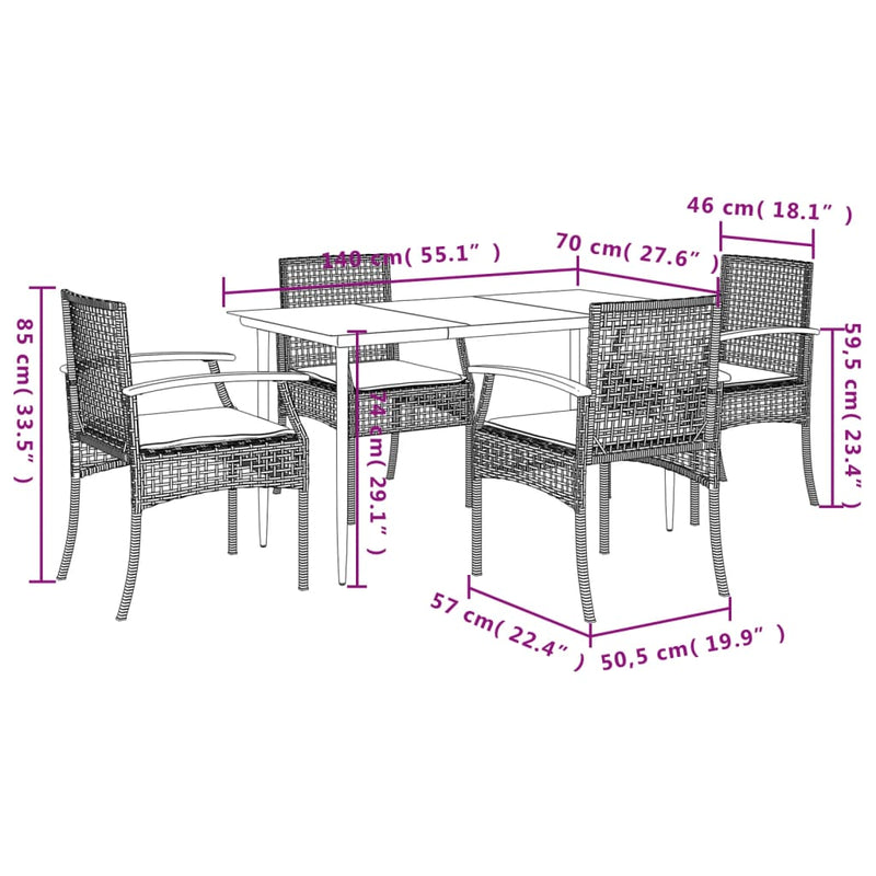 5 Piece Garden Dining Set with Cushions Grey Poly Rattan