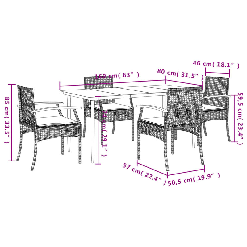 5 Piece Garden Dining Set with Cushions Grey Poly Rattan