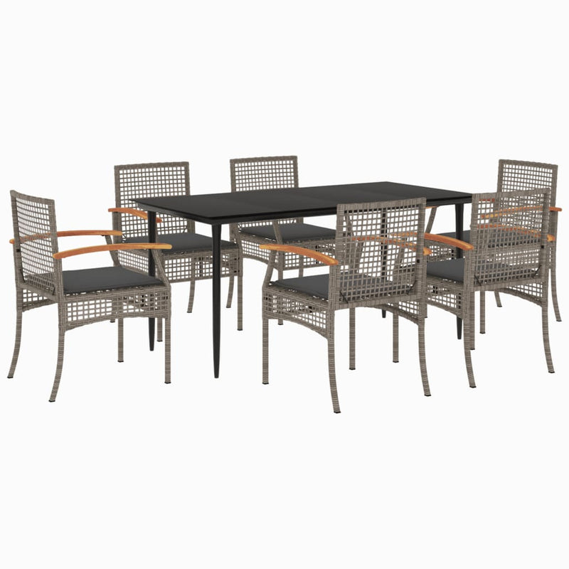 7 Piece Garden Dining Set with Cushions Grey Poly Rattan